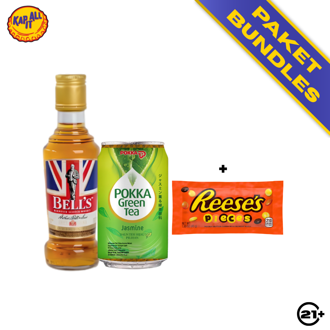 PAKET BUNDLES - BELLS BLENDED SCOTCH WHISKY 200ml + POKKA GREEN TEA JASMINE CAN 300ml + REESES PIECES PEANUT BUTTER CANDY 43g