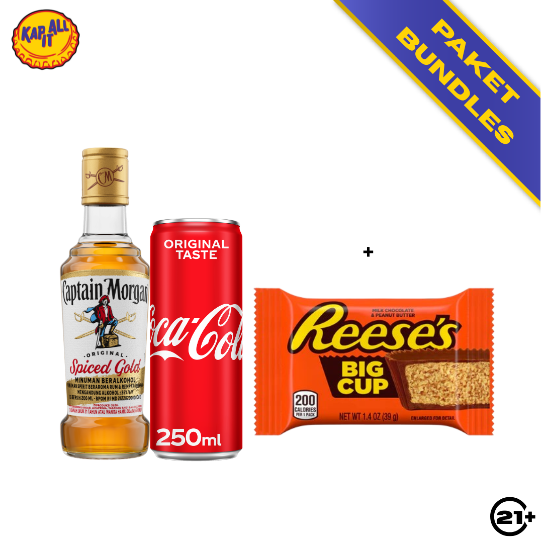 PAKET BUNDLES - CAPTAIN MORGAN ORIGINAL SPICED GOLD 200ml + COCA COLA ORIGINAL TASTE CAN 250ml + REESES BIG CUP PEANUT BUTTER CHOCOLATE 39g