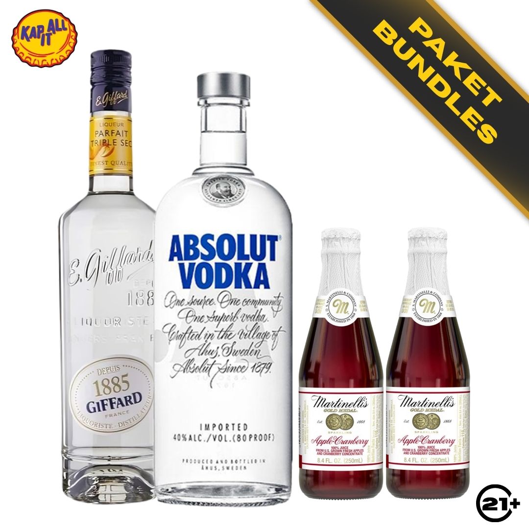 Cosmopolitan Cocktail Kit - Absolut Vodka Original 750ml + Giffard Parfait Triple Sec Liqueur 700ml + Martinellis Apple Cranberry 250ml