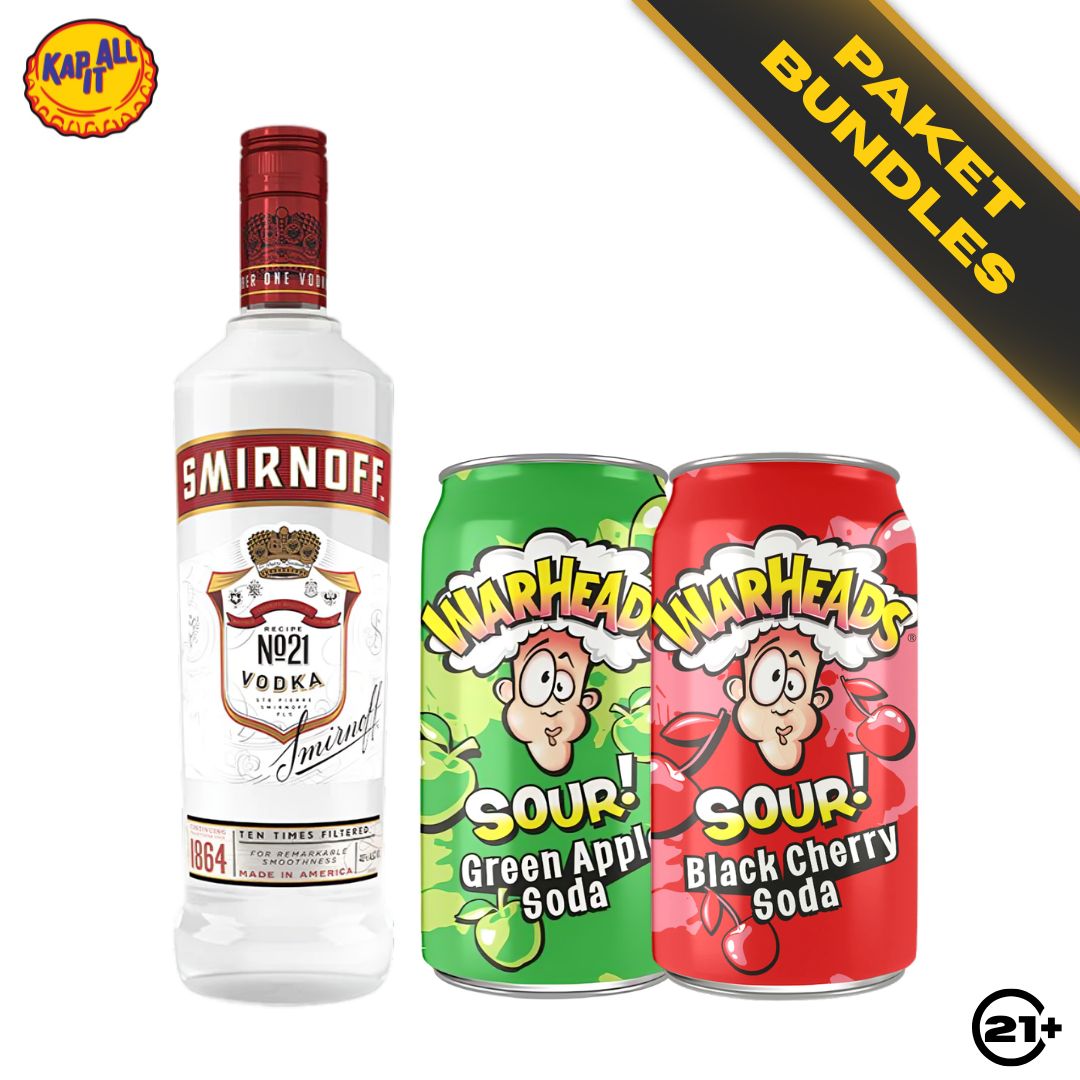 PAKET BUNDLES - SMIRNOFF ORIGINAL RED VODKA 750ml + WARHEADS SOUR BLACK CHERRY SODA 355ml 1 CAN + WARHEADS SOUR GREEN APPLE SODA 355ml  1 CAN