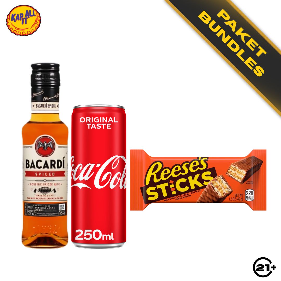 Paket Bundles - Bacardi Spiced Gold Rum 180ml + Coca Cola Original Taste Can 250ml + Reeses Sticks Peanut Butter Chocolate Wafers 42g