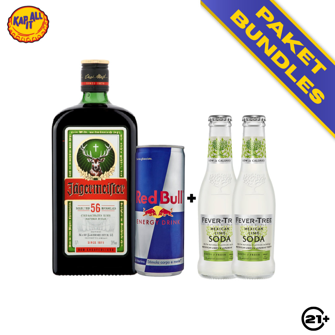 PAKET BUNDLES - JAGERMEISTER GERMAN LIQUEUR 700ml + FEVER TREE MEXICAN LIME SODA 200ml  2 BOTTLE + RED BULL ENERGY DRINK CAN 250ml 1 CAN