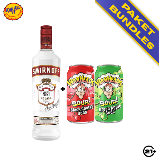 PAKET BUNDLES - SMIRNOFF ORIGINAL RED VODKA 750ml + WARHEADS SOUR BLACK CHERRY SODA 355ml 1 CAN + WARHEADS SOUR GREEN APPLE SODA 355ml  1 CAN
