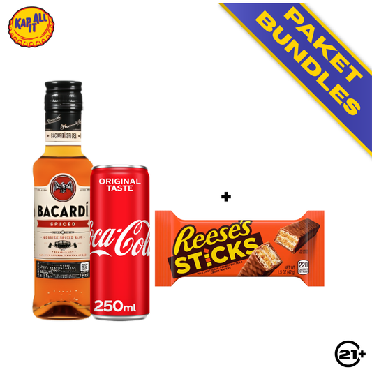 PAKET BUNDLES - BACARDI SPICED GOLD RUM 180ml + COCA COLA ORIGINAL TASTE CAN 250ml + REESES STICKS PEANUT BUTTER CHOCOLATE WAFERS 42g