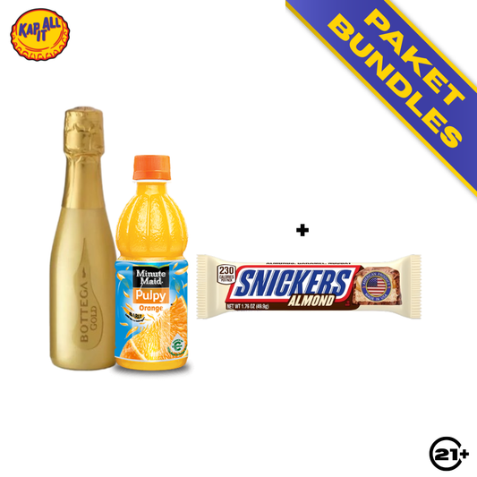 PAKET BUNDLES -  WINE BOTTEGA IL GOLD PROSECCO DOC SPUMANTE BRUT 200ml + MINUTE MAID PULPY ORANGE PET 300ml + SNICKERS ALMOND CARAMEL NOUGAT MILK CHOCOLATE 49.9g