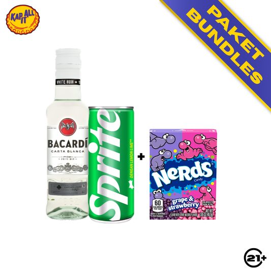 PAKET BUNDLES - BACARDI LIGHT CARTA BLANCA SUPERIOR WHITE RUM 180ml + SPRITE LEMON LIME CAN 250ml + NERDS GRAPE & STRAWBERRY CANDY 46.7g