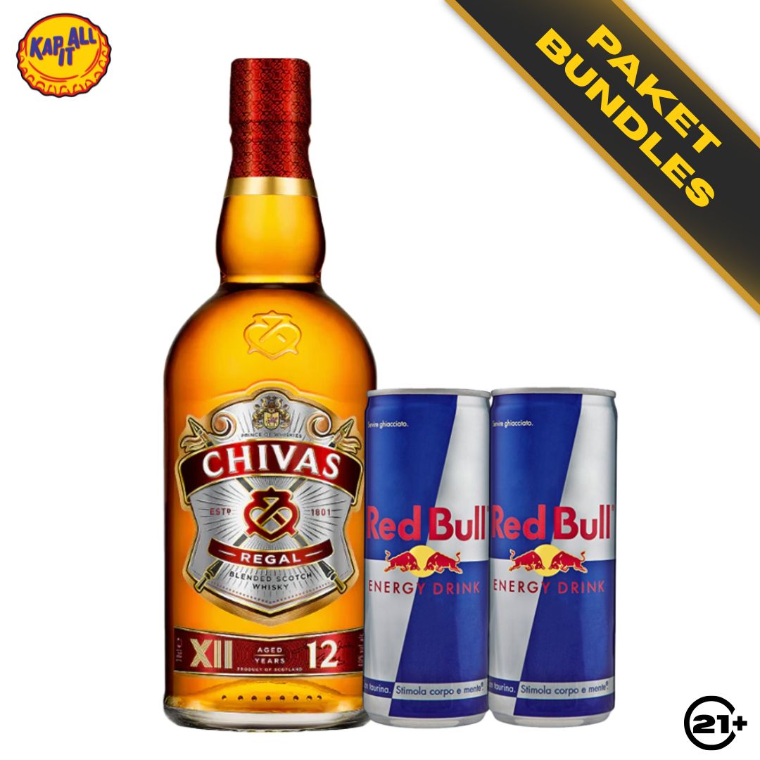 Paket Chivas Regal 12 YO Blended Scotch Whisky 1L + Red Bull Energy Drink 250ml