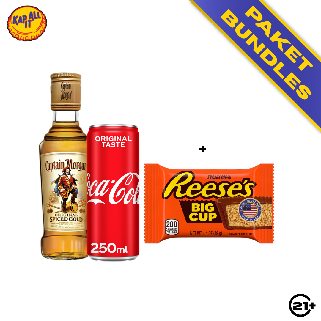 PAKET BUNDLES - CAPTAIN MORGAN ORIGINAL SPICED GOLD 200ml + COCA COLA ORIGINAL TASTE CAN 250ml + REESES BIG CUP PEANUT BUTTER CHOCOLATE 39g