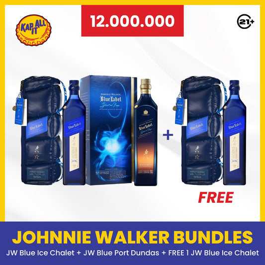 PAKET JOHNNIE WALKER BLUE LABEL GHOST & RARE PORT DUNDAS 750ml + JOHNNIE WALKER BLUE LABEL ICE CHALET LIMITED EDITION 750ml - FREE JOHNNIE WALKER BLUE LABEL ICE CHALET LIMITED EDITION 750ml 1 BOTTLE
